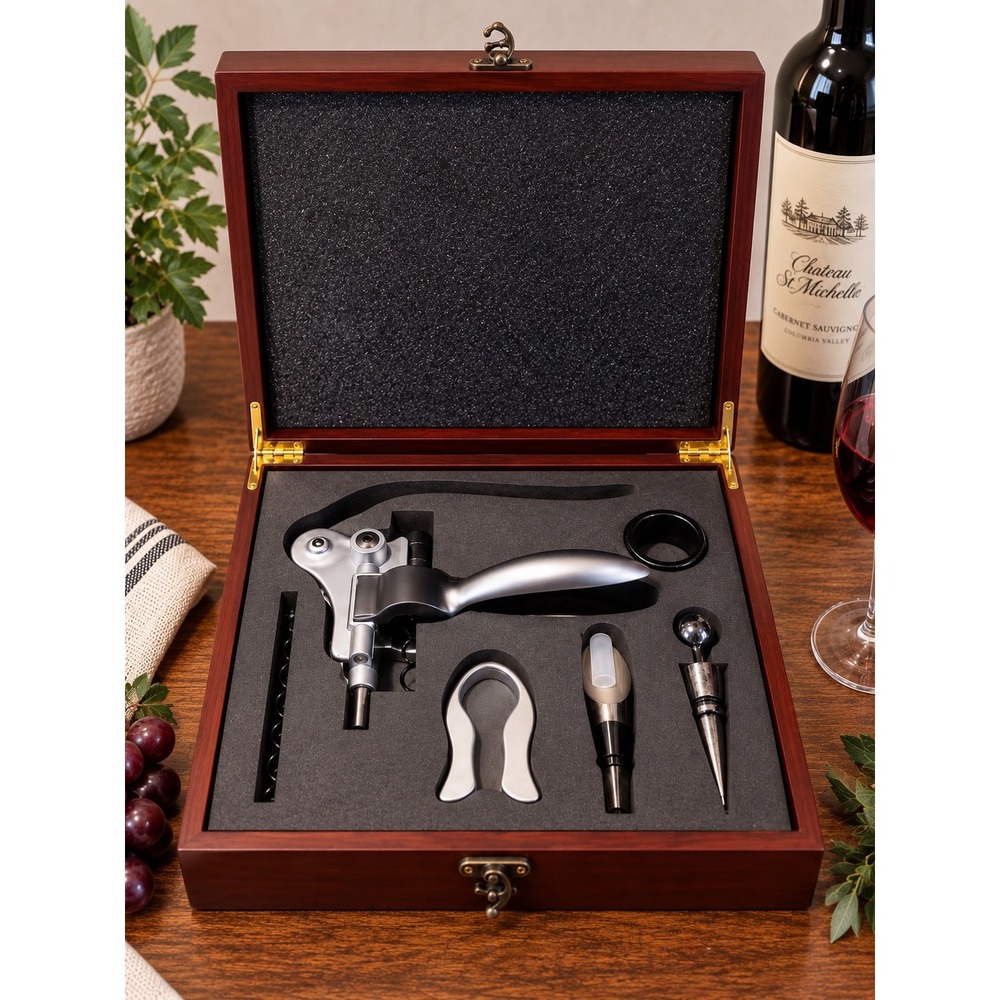 2000 Wine Opener Set with Rabbit Corkscrew Stopper and Foil Cutter in Wooden Box